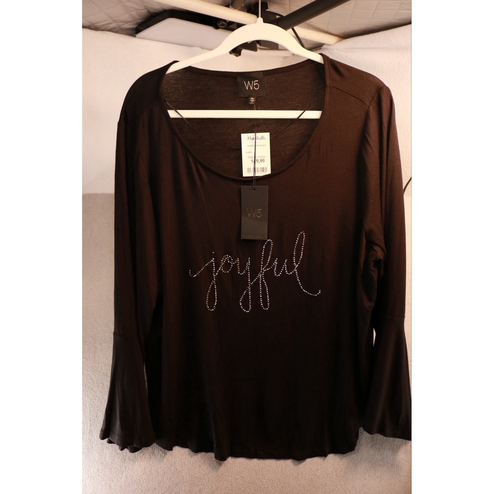 W5 Womens Top Plus 1X Black Joyful Rhinestone Long Sleeve Blouse 22456 NWT